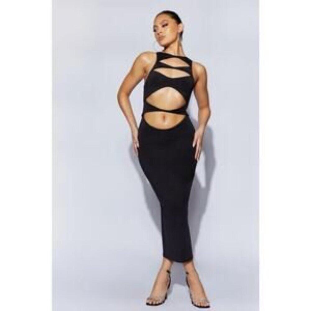 MESHKI Chloe Cut Out Maxi Dress Black Stretchy Bodycon Evening Size L